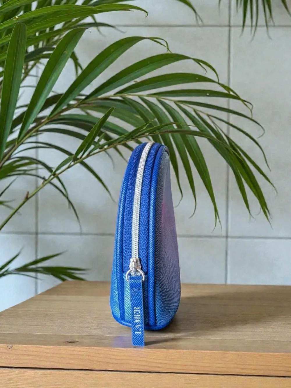 La Mer Metallic Blue Cosmetic Makeup Bag Travel Case Zip Pouch
